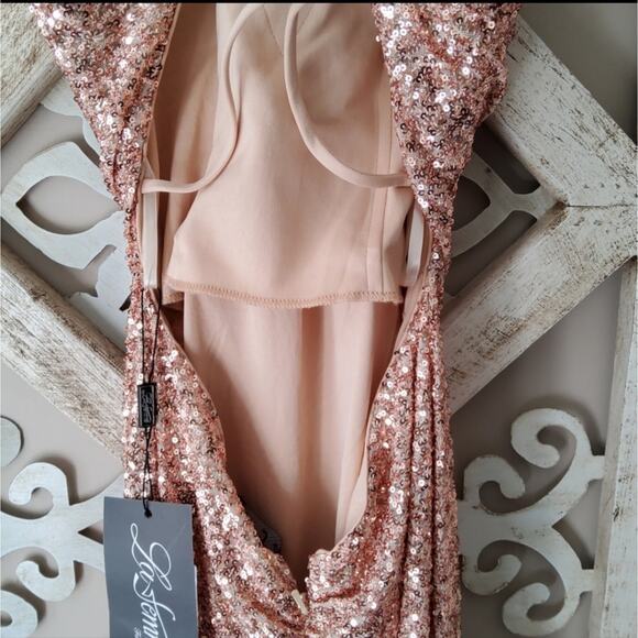 La Femme Women's Drape Neck Sequin Long Gown Low Cut Strappy Back in Rose Gold - Picture 8 of 10
